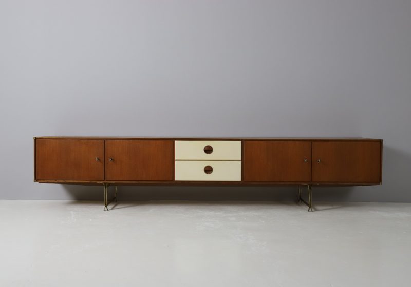 Rare William Watting Wim Crouwel low sideboard by Fristho Franeker in teak & brass, 1954 1950s Vintage modernist Dutch design 1