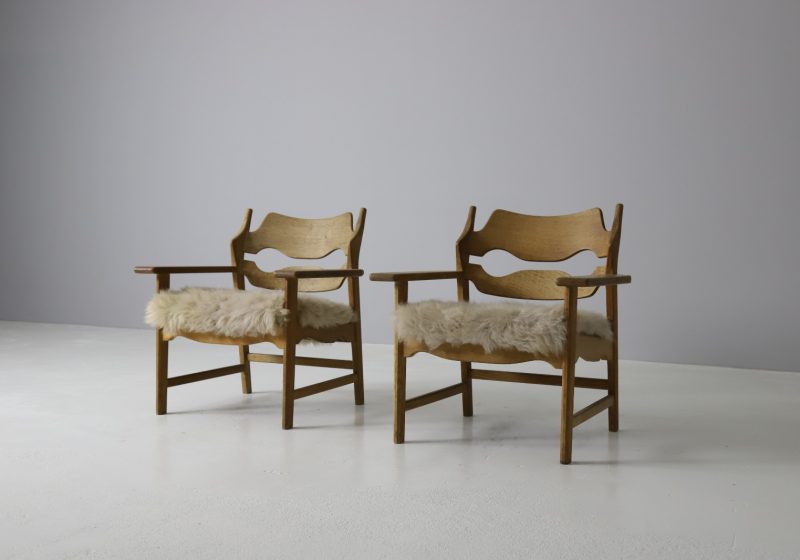 Henning Kjaernulf pair razor blade lounge chairs patinated oak & sheep skin EG Kvalitetsmobel 1960s Vintage Danish armchairs 1