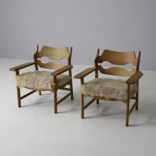 Henning Kjaernulf pair razor blade lounge chairs patinated oak & sheep skin EG Kvalitetsmobel 1960s Vintage Danish armchairs 2