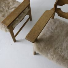 Henning Kjaernulf pair razor blade lounge chairs patinated oak & sheep skin EG Kvalitetsmobel 1960s Vintage Danish armchairs 4