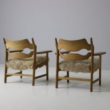 Henning Kjaernulf pair razor blade lounge chairs patinated oak & sheep skin EG Kvalitetsmobel 1960s Vintage Danish armchairs 5