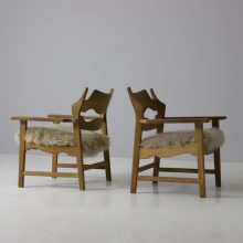 Henning Kjaernulf pair razor blade lounge chairs patinated oak & sheep skin EG Kvalitetsmobel 1960s Vintage Danish armchairs 7