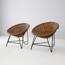 Mid century French design basket lounge chairs rattan steel vintage 1960s 1