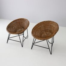 Mid century French design basket lounge chairs rattan steel vintage 1960s 2