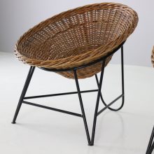 Mid century French design basket lounge chairs rattan steel vintage 1960s 4