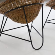 Mid century French design basket lounge chairs rattan steel vintage 1960s 5