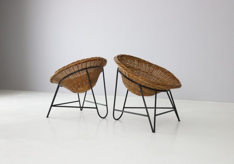 Mid century French design basket lounge chairs rattan steel vintage 1960s 6