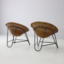 Mid century French design basket lounge chairs rattan steel vintage 1960s 7