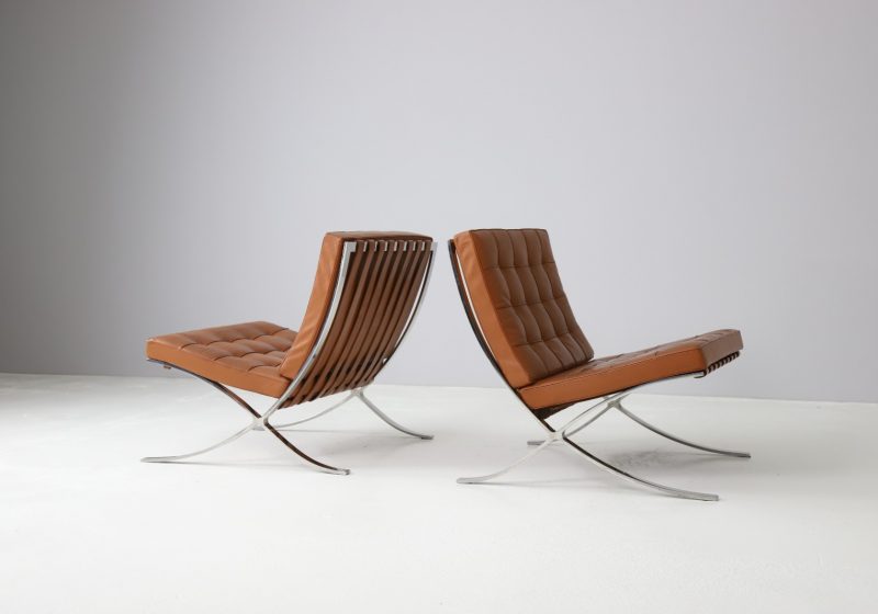 Vintage pair cognac leather Barcelona lounge chairs by Ludwig Mies van der Rohe for Knoll International 1990s 1