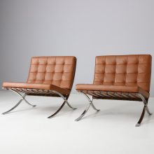 Vintage pair cognac leather Barcelona lounge chairs by Ludwig Mies van der Rohe for Knoll International 1990s 2