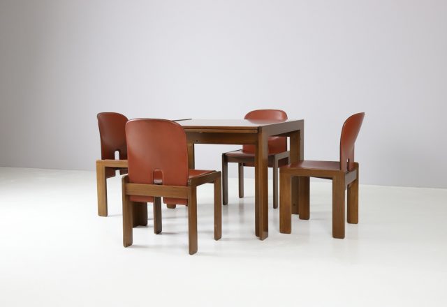 Tobia Scarpa & Afra Scarpa vintage cognac leather dining chairs model 121 + 778 dining table walnut for Cassina 1960s 12