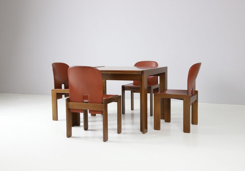 Tobia Scarpa & Afra Scarpa vintage cognac leather dining chairs model 121 + 778 dining table walnut for Cassina 1960s 12