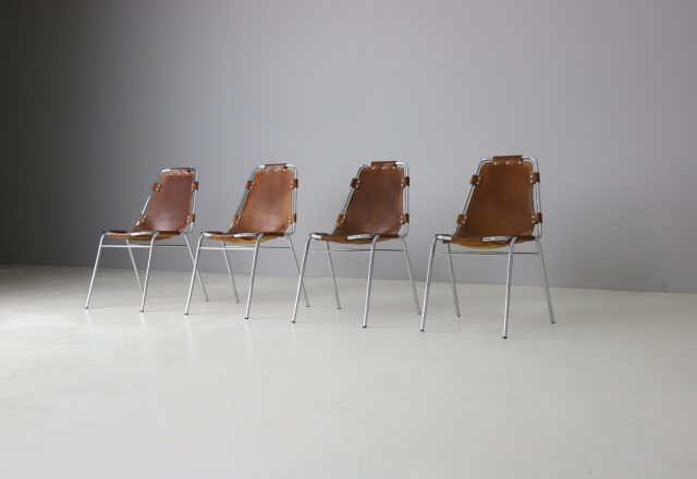 Vintage Charlotte Perriand cognac leather dining chairs for the Les Arcs ski resort France 1960s 1970s 1