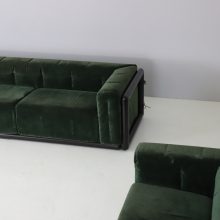 Pair of \\\\\'Cornaro\\\\\' sofas by Carlo Scarpa for Simon Italy 1973 mid century Italian design original dark green velvet & mahogany 11