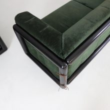 Pair of \\\\\'Cornaro\\\\\' sofas by Carlo Scarpa for Simon Italy 1973 mid century Italian design original dark green velvet & mahogany 22