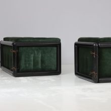 Pair of \\\\\'Cornaro\\\\\' sofas by Carlo Scarpa for Simon Italy 1973 mid century Italian design original dark green velvet & mahogany 23