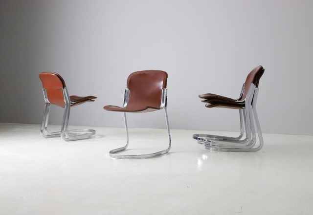 Set of 6 Willy Rizzo dining chairs for Cidue Italy cognac leather chromed metal 1970s mid century Italian design 1