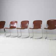 Set of 6 Willy Rizzo dining chairs for Cidue Italy cognac leather chromed metal 1970s mid century Italian design 2