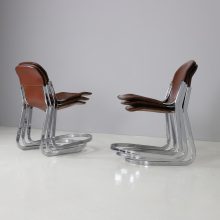 Set of 6 Willy Rizzo dining chairs for Cidue Italy cognac leather chromed metal 1970s mid century Italian design 3