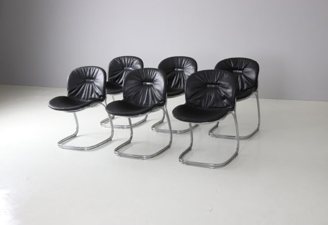 Set of 6 Sabrina dining chairs by Gastone Rinaldi for Rima Italy 1970s chrome black leather mid century Italian design 1