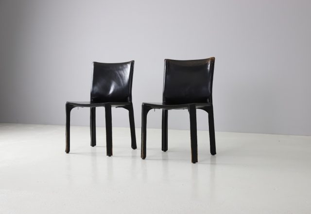 Vintage Mario Bellini CAB 412 dining chairs for Cassina Italy 1970s first edition patinated black leather 1