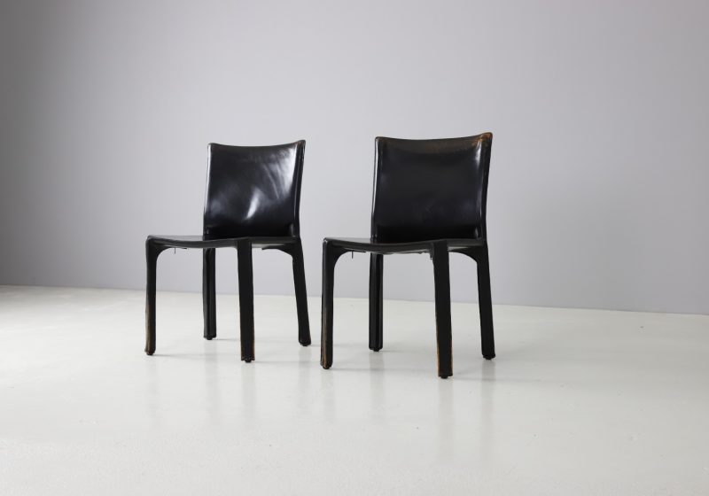 Vintage Mario Bellini CAB 412 dining chairs for Cassina Italy 1970s first edition patinated black leather 1