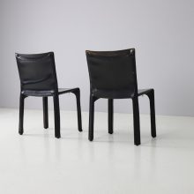 Vintage Mario Bellini CAB 412 dining chairs for Cassina Italy 1970s first edition patinated black leather 4