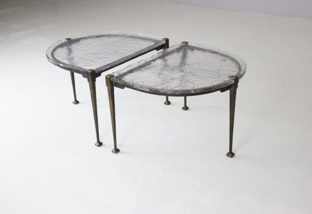 Pair of Lothar Klute side tables in forged bronze and hand blown glass Germany 1990s 1991 1
