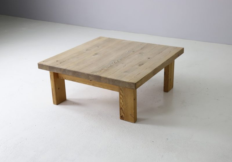 Large vintage Scandinavian coffee table in solid patinated pine on asymmetrical base 1960s 1970s Danish Swedish design 1