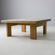 Large vintage Scandinavian coffee table in solid patinated pine on asymmetrical base 1960s 1970s Danish Swedish design 2