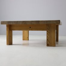 Large vintage Scandinavian coffee table in solid patinated pine on asymmetrical base 1960s 1970s Danish Swedish design 4