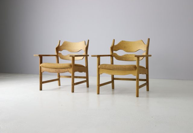 Henning Kjaernulf pair razor blade lounge chairs patinated oak EG Kvalitetsmobel 1960s Vintage Danish armchairs 1