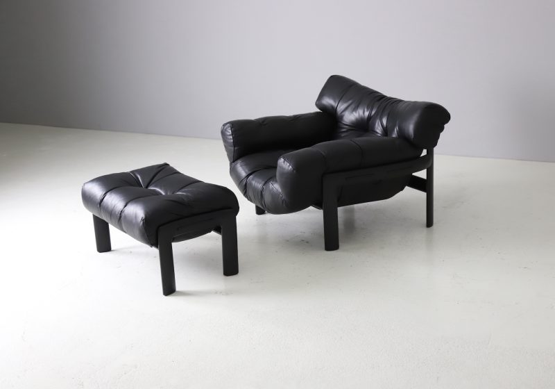 Angelo Mangiarotti and Chiara Pampo lounge chair with ottoman black leather for Rosenthal 1978 1970s 1980s 1