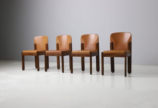 Set of 4 Silvio Coppola model 330 dining chairs in dark walnut and cognac leather for Bernini 1960s 1