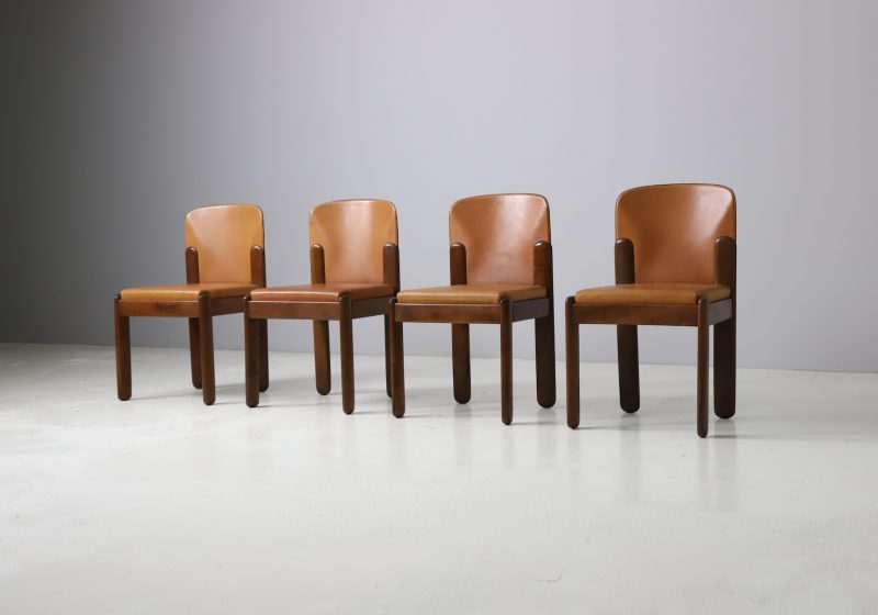 Set of 4 Silvio Coppola model 330 dining chairs in dark walnut and cognac leather for Bernini 1960s 1