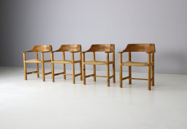 Set of 4 solid pine and papercord dining chairs by Poul Pedersen for Grammrode Denmark 1980s 1990s 1