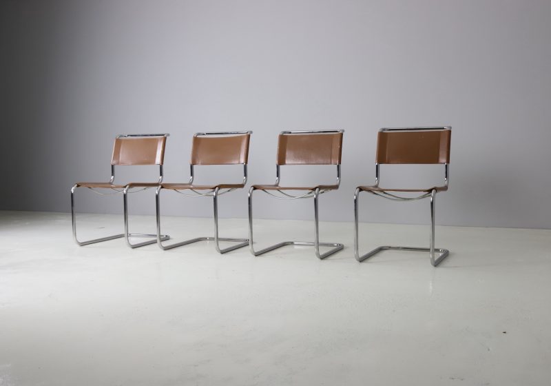 Set of 4 vintage S33 dining chairs by Mart Stam for Thonet brown leather 1980s 1