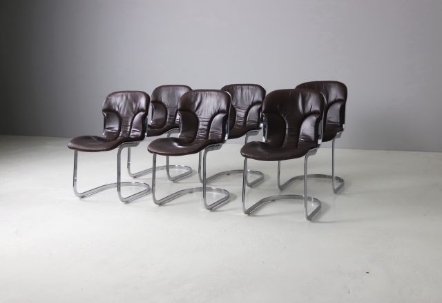 Willy Rizzo set of 6 cantilever chairs in leather for Cidue Italy 1970s vintage Italian design 1