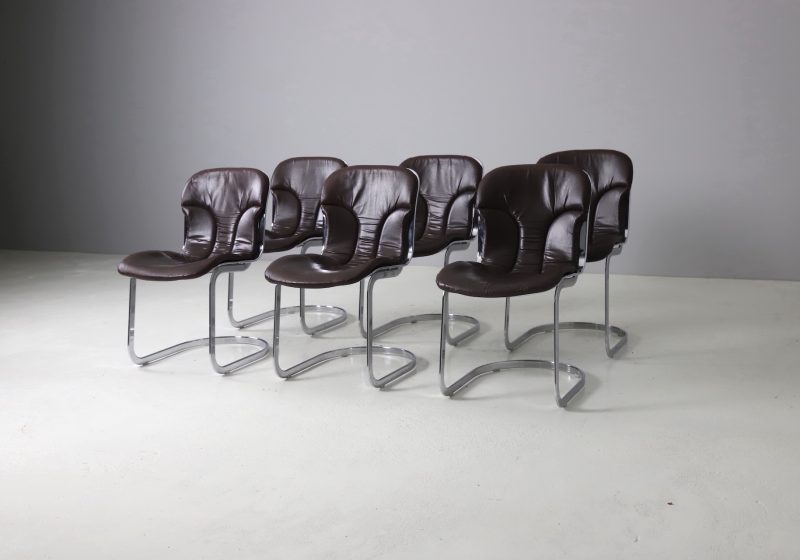 Willy Rizzo set of 6 cantilever chairs in leather for Cidue Italy 1970s vintage Italian design 1