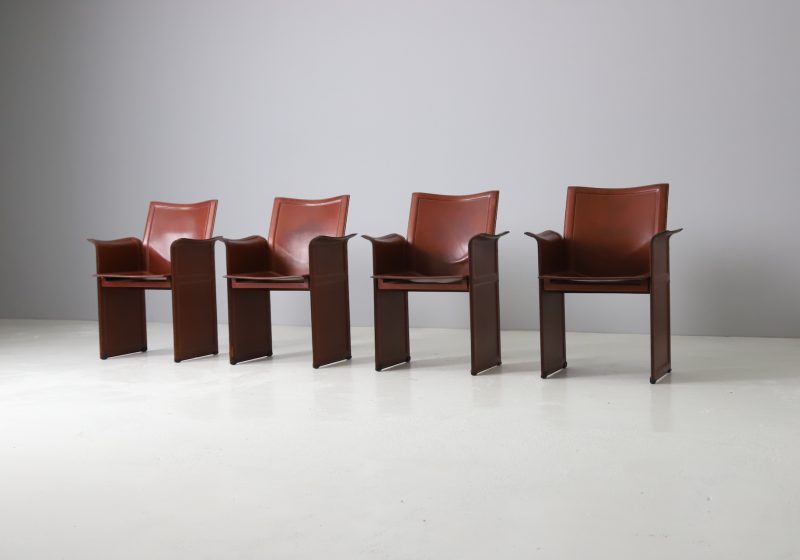 Set of 4 vintage \\'Korium\\' dining chairs by Tito Agnoli for Matteo Grassi patinated leather Italy 1970s 1