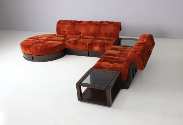 Luciano Frigerio modular sofa model Can Can in mahogony and suede 1960s vintage seating group Italian design 1