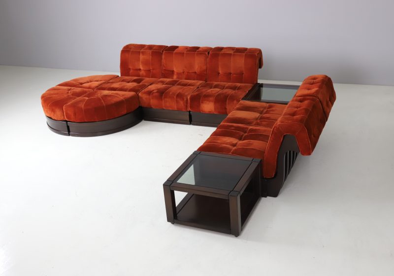 Luciano Frigerio modular sofa model Can Can in mahogony and suede 1960s vintage seating group Italian design 1