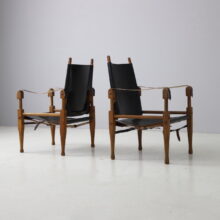 Pair of Wilhelm Kienzle vintage safari chairs in black leather for Wohnbedarf Switzerland, 1950s 5