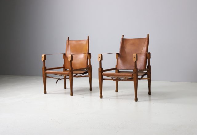Pair of Wilhelm Kienzle vintage safari chairs in cognac leather for Wohnbedarf Switzerland, 1950s 1