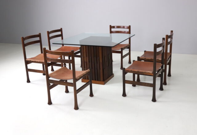 Luciano Frigerio dining chairs dining table in mahogony and leather 1960s 1970s vintage Italian design dining set 1