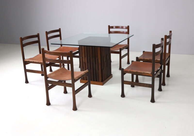 Luciano Frigerio dining chairs dining table in mahogony and leather 1960s 1970s vintage Italian design dining set 1