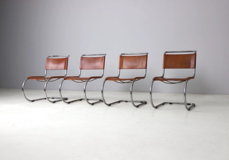 Set of 4 early vintage MR10 dining chairs by Mies van der Rohe for Thonet 1960s patinated cognac leather 1