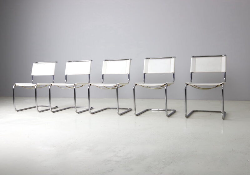 Set of 5 vintage S33 dining chairs by Mart Stam for Thonet white leather 1983 1980s 1