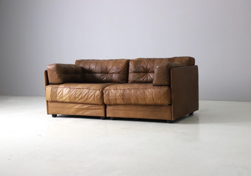 Vintage sofa in cognac leather patchwork in the manner of De Sede DS76 1970s 1980s 1