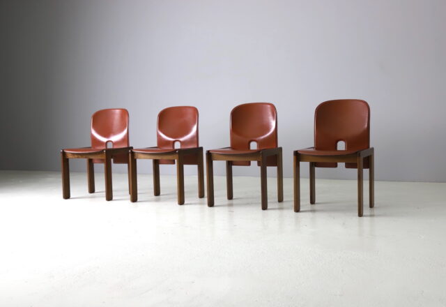 Tobia & Afra Scarpa '121' dining chairs in cognac leather and walnut for Cassina vintage Italian design 1960s 1